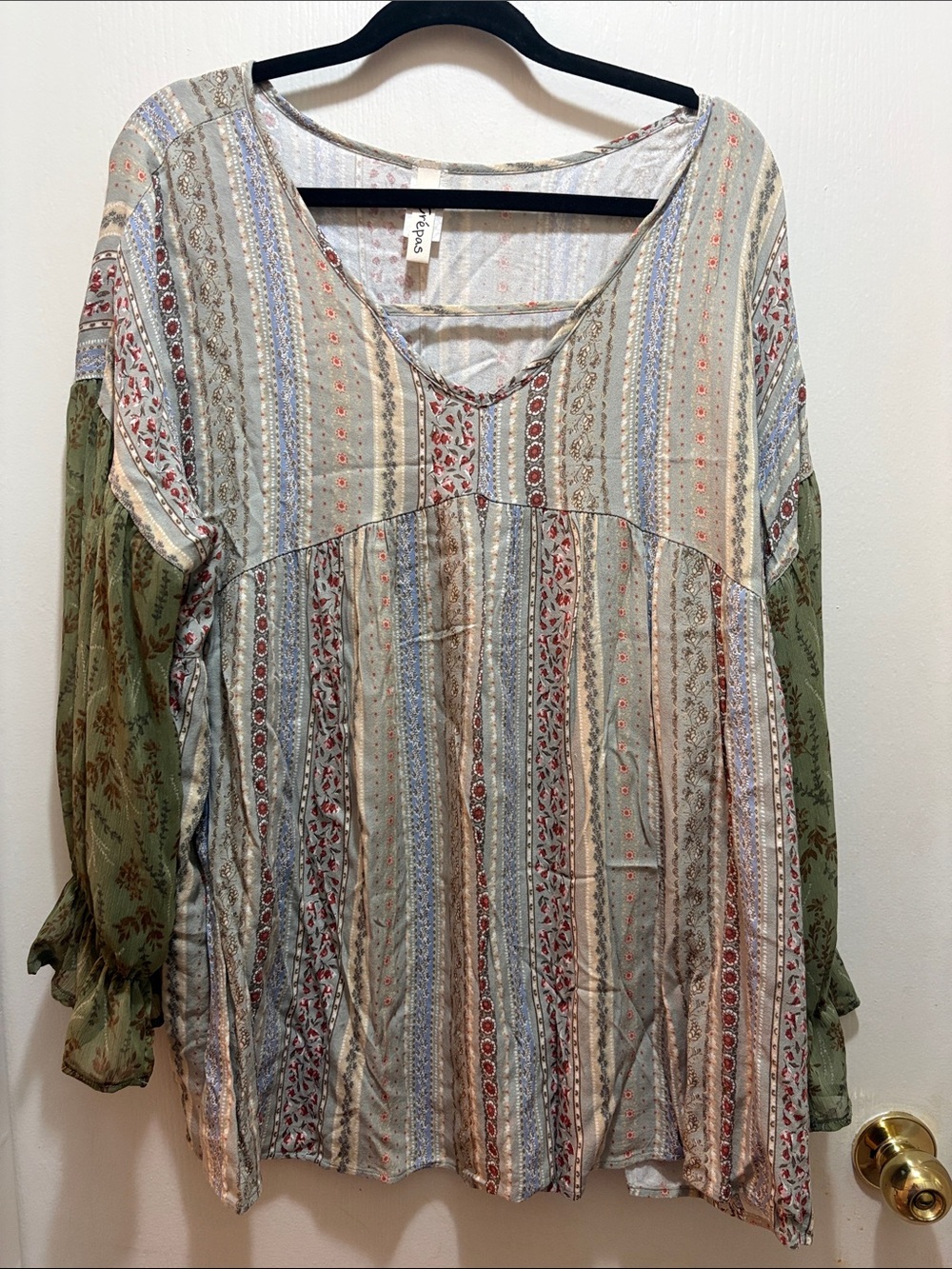 Striped V-Neck Boho Tunic with Olive Contrast Sleeves